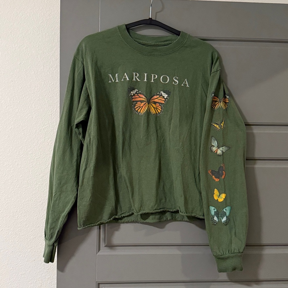 Fifth Sun Olive Green "Mariposa" Long Sleeve Tee with Butterfly Print